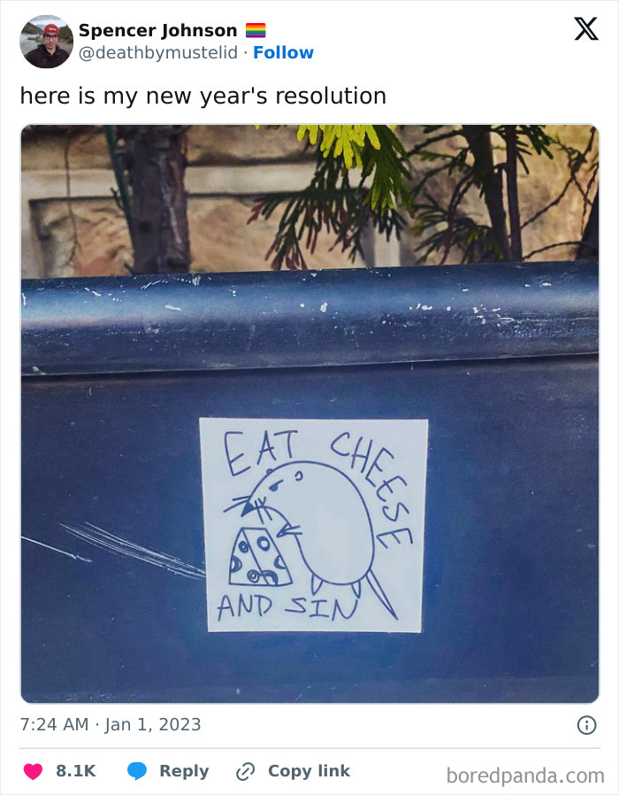Tweet showing a humorous New Year's resolution with a drawing of a rat and the phrase eat cheese and sin.