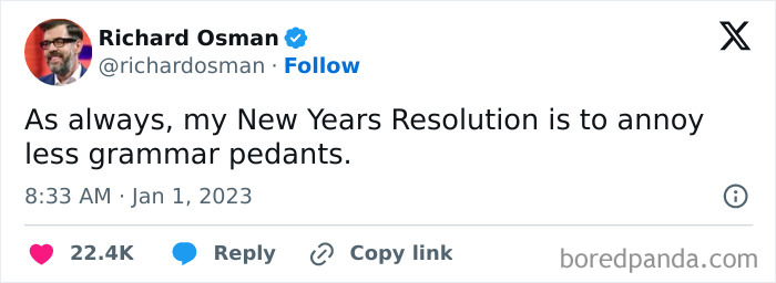 Tweet by Richard Osman humorously about New Year's resolution to annoy fewer grammar pedants, showing popular social media reactions.