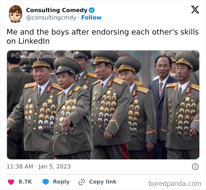 Generals wearing medals, humorously illustrating consulting comedy.