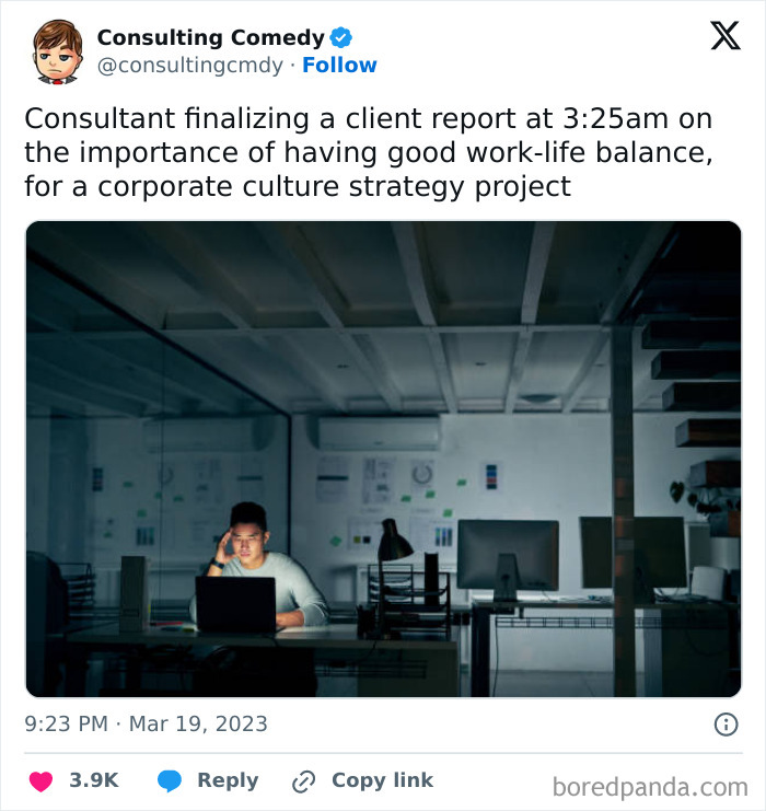 Consultant working late on a report in a dimly lit office, highlighting consulting comedy about work-life balance challenges.