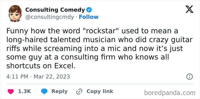 A tweet showcasing consulting comedy humor about the term "rockstar" and its modern meaning in a consulting firm context.