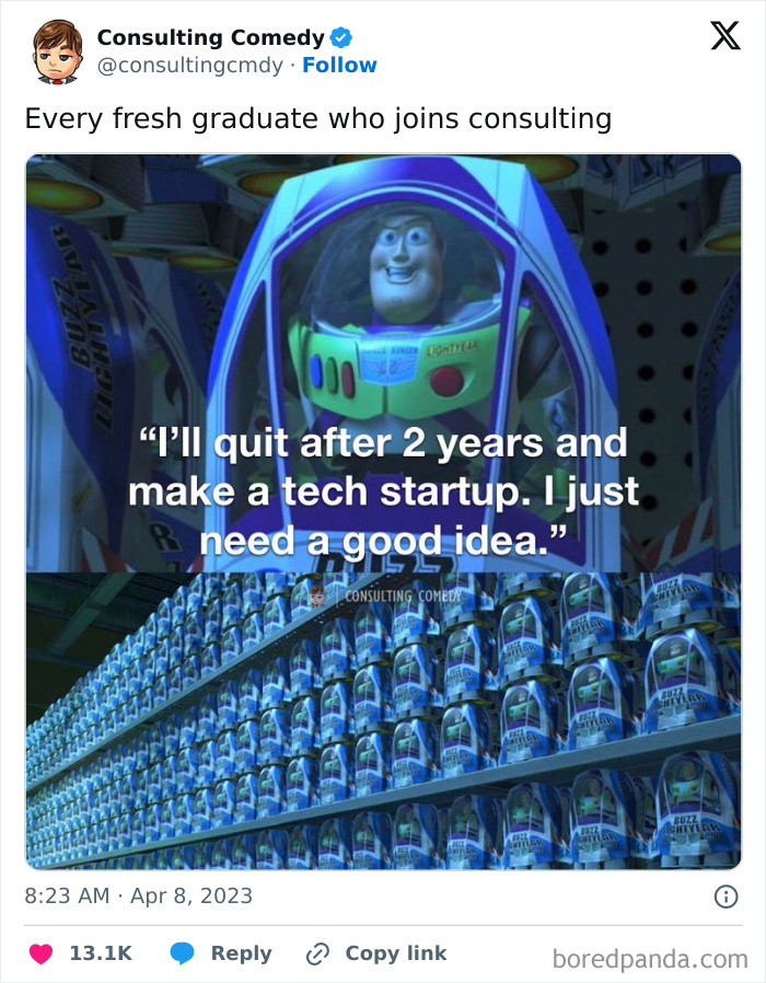 Buzz Lightyear toy with a caption about consulting comedy and startup aspirations on Instagram.