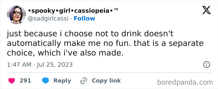 Tweet about choosing not to drink, shown as a funny meme for those not feeling very social.