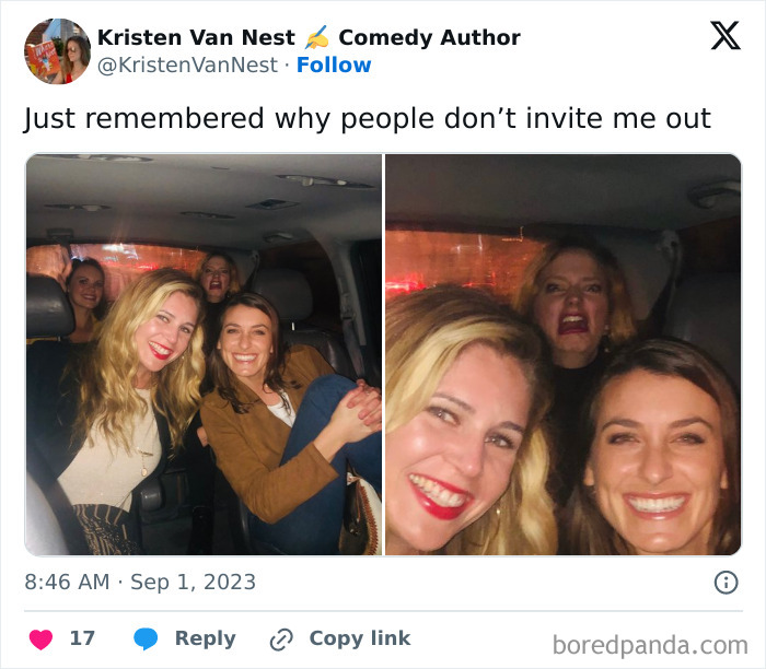 Group of friends in a car laughing and making funny faces, perfect for enjoying funny memes when not feeling social.