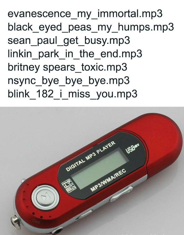 2000s music on a red digital MP3 player, featuring songs by Evanescence, Black Eyed Peas, and Linkin Park.