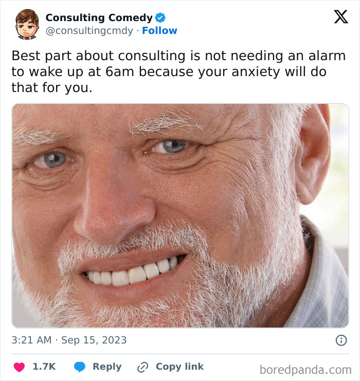 Elderly man smiling awkwardly; consulting comedy humor meme about waking up due to anxiety, not needing an alarm.