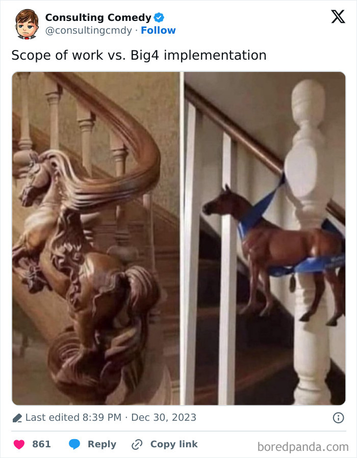 Horse sculpture staircase satire in consulting comedy meme comparing expectations vs. reality.