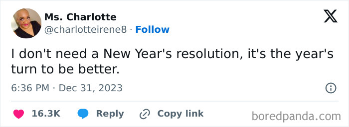 Tweet by Ms. Charlotte humorously stating she doesn’t need New Year’s resolutions, part of hilariously accurate tweets about resolutions.