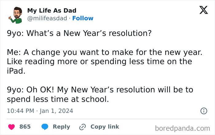Tweet about a humorous conversation explaining New Year's resolutions between a parent and a 9-year-old child.