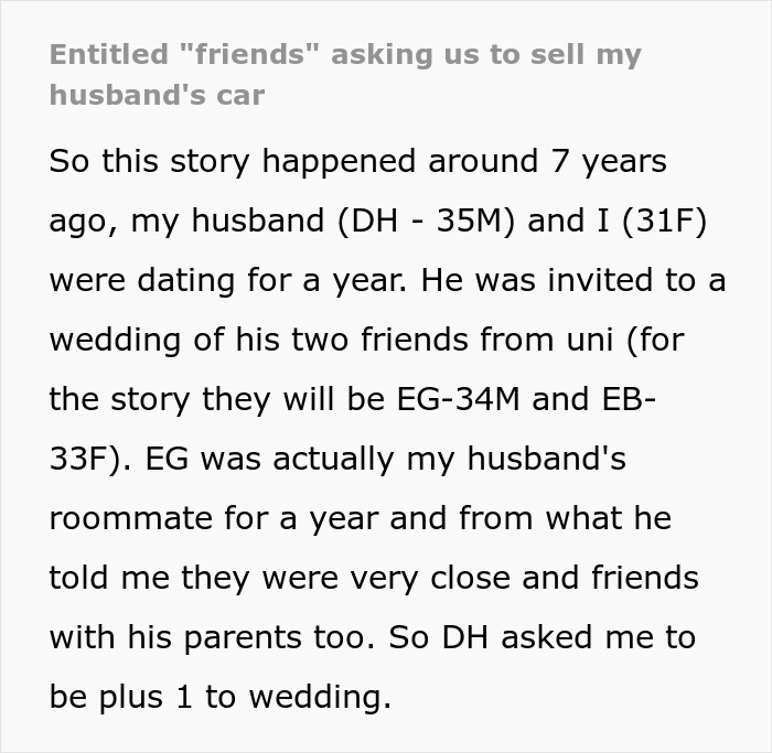 Guy Refuses To Sell His Car To Help Out 'Broke' Friends Who Just Had A Luxurious Wedding Guy Refuses To Sell His Car To Help Out 'Broke' Friends Who Just Had A Luxurious Wedding