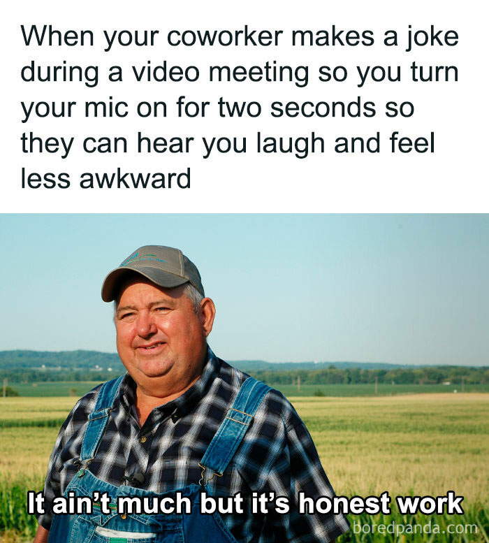 Smiling farmer meme with text about turning on mic during coworker video meeting joke for less awkwardness.