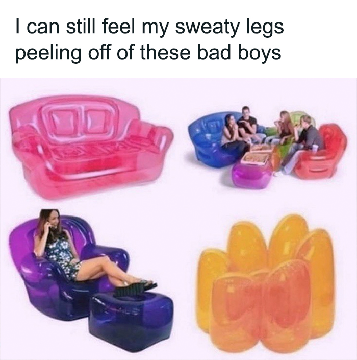 2000s inflatable furniture meme depicting groups sitting and lounging on colorful blow-up chairs and sofas.
