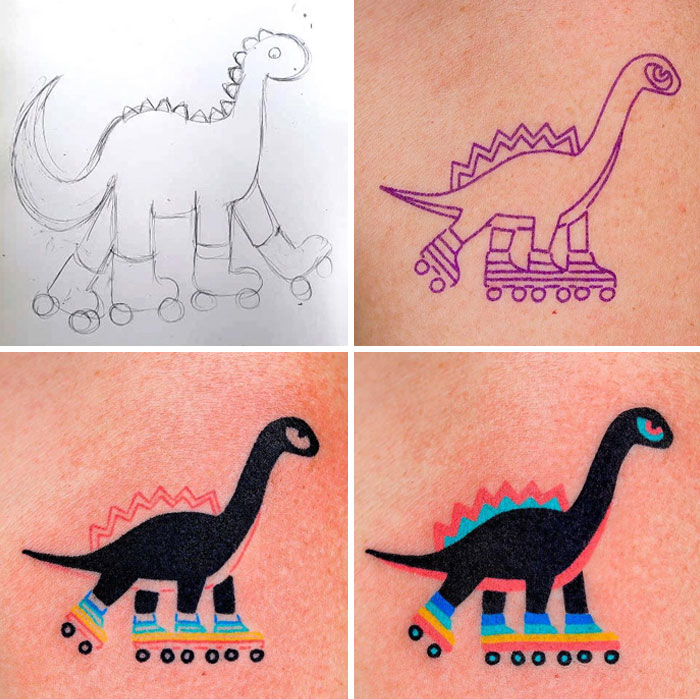Cool dinosaur tattoo design evolving from sketch to colorful roller skate version.