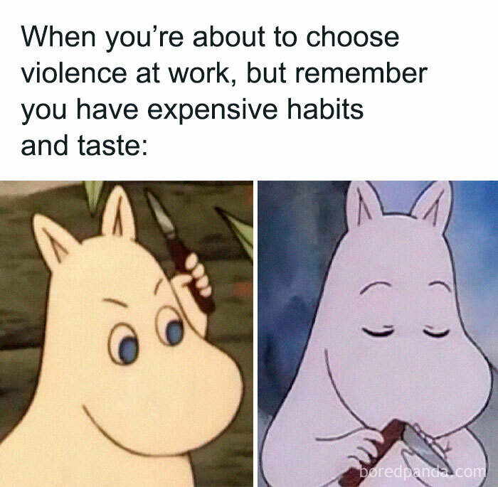 Cartoon character holding a knife in two panels, capturing a funny work meme moment about controlling impulsive actions.