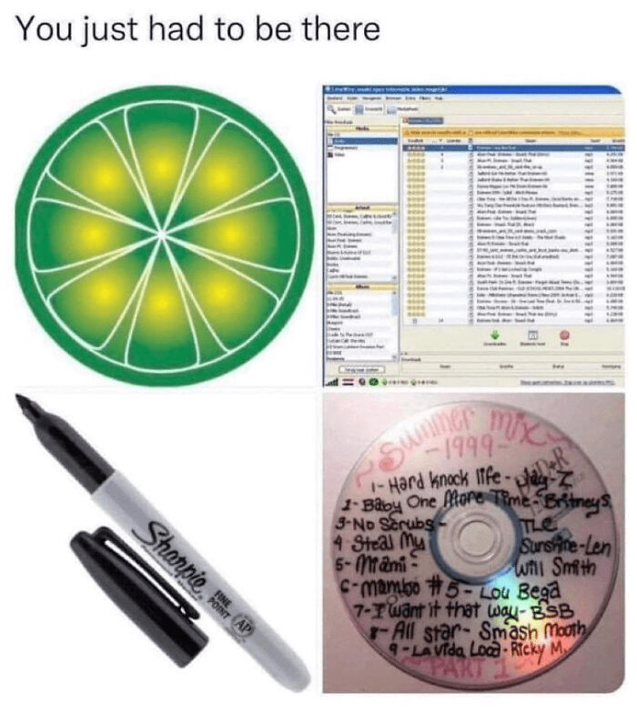 2000s memes featuring LimeWire logo, a music playlist interface, a Sharpie marker, and a burned CD with song list.