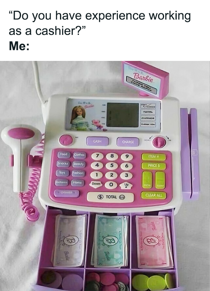 Toy Barbie cash register from the 2000s, captioned as cashier experience.
