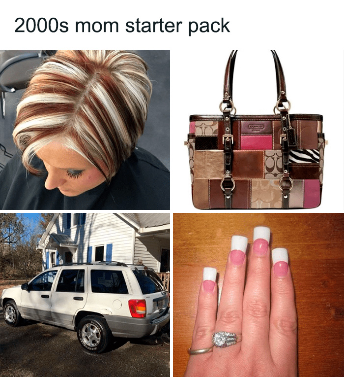 2000s mom starter pack with chunky highlights, patchwork bag, white SUV, and French manicure nails.