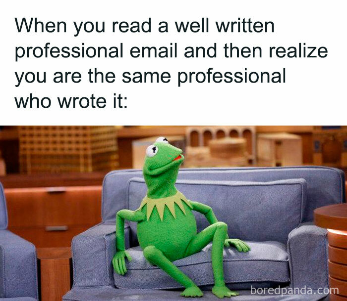 Kermit the Frog sitting on a couch, reacting humorously to a funny work email realization.