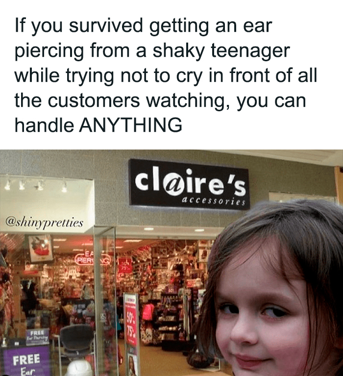 Child smirking outside Claire's store with text reflecting the 2000s meme culture.