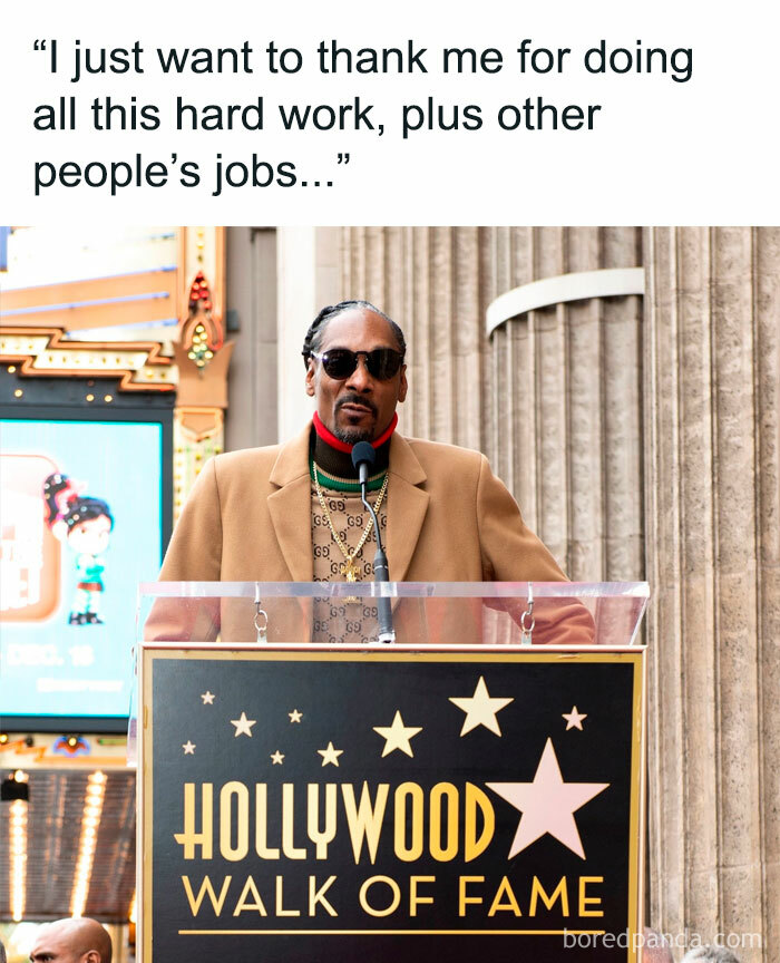 Celebrity at Hollywood Walk of Fame, caption humorously thanking self for hard work, fits funny work memes theme.