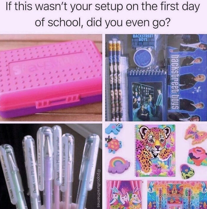 2000s school supplies including pink pencil box, Backstreet Boys set, gel pens, and animal stickers.