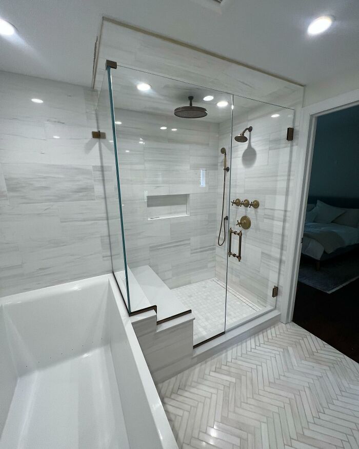 Bright L-Shaped Walk-In Shower