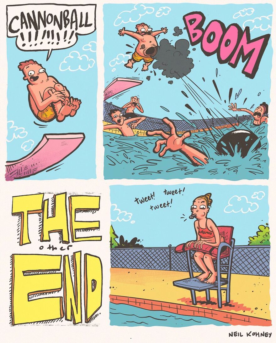 Comic by Neil Kohney shows a person doing a cannonball, creating a splash. The lifeguard sits shocked by the pool. Dark humor theme.