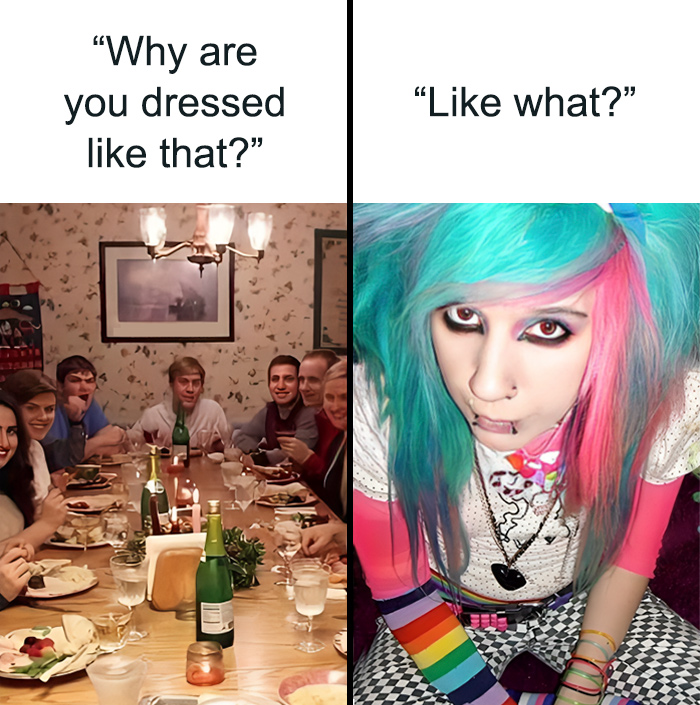 2000s meme split image: a family dinner on the left, a person with colorful hair and piercings on the right.