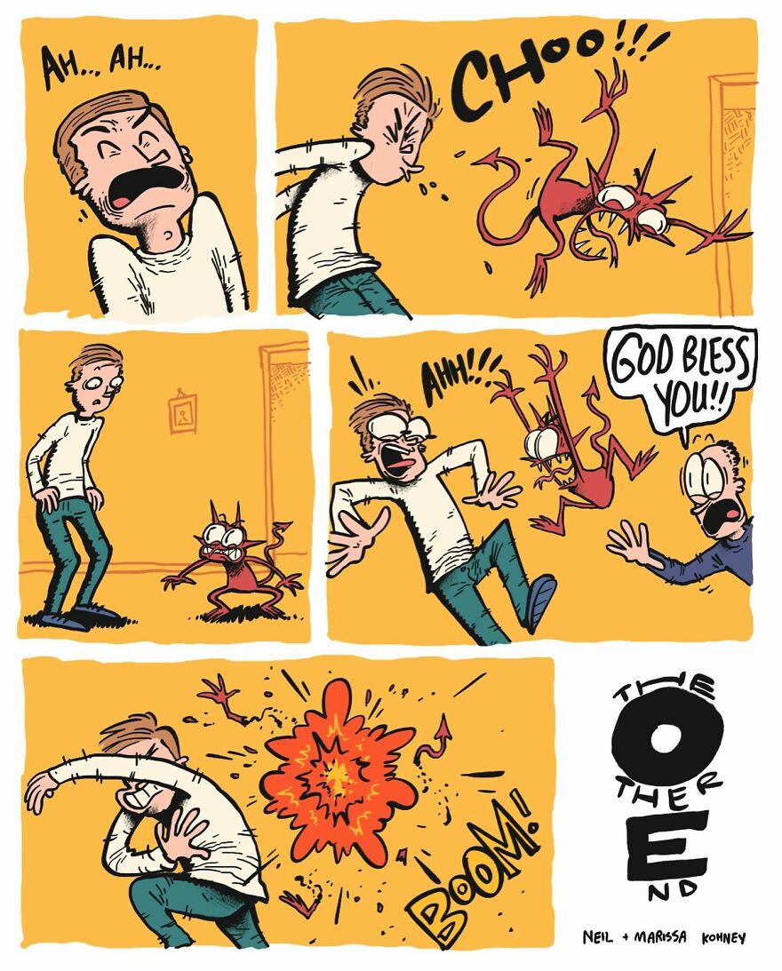 A comic by Neil Kohney depicting a man sneezing, releasing a horned creature, and a comedic explosion.