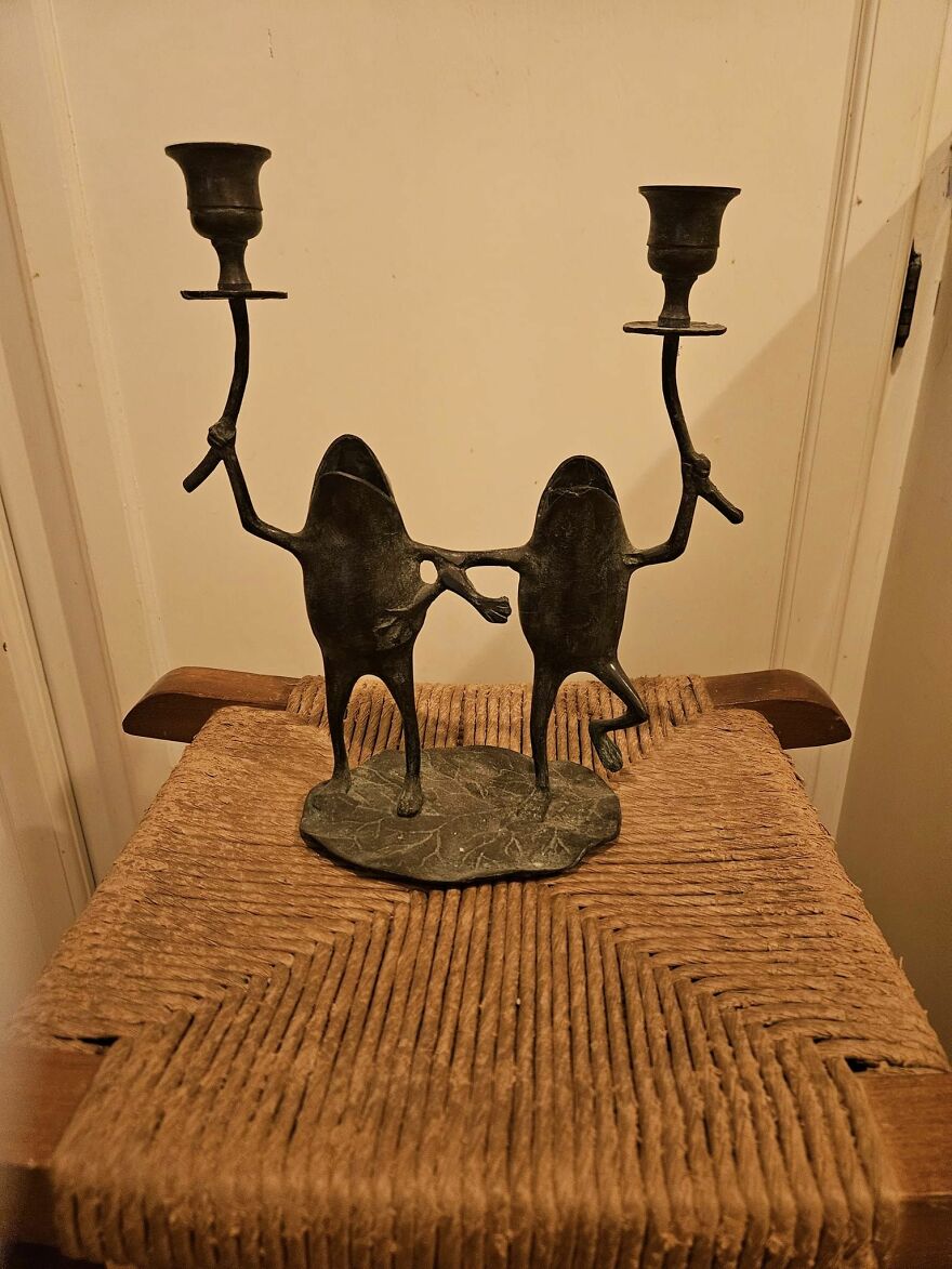 After Decades Of Weird Gifts From My Cousin, Who Shops Exclusively At Thrift Stores, He Scored A Treasure. I Call Them My "Cavorting Frogs." I Love Them!