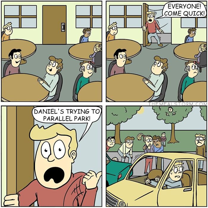 Comic scene showing quirky and funny dark humor as a character struggles to parallel park a car, others watch anxiously.