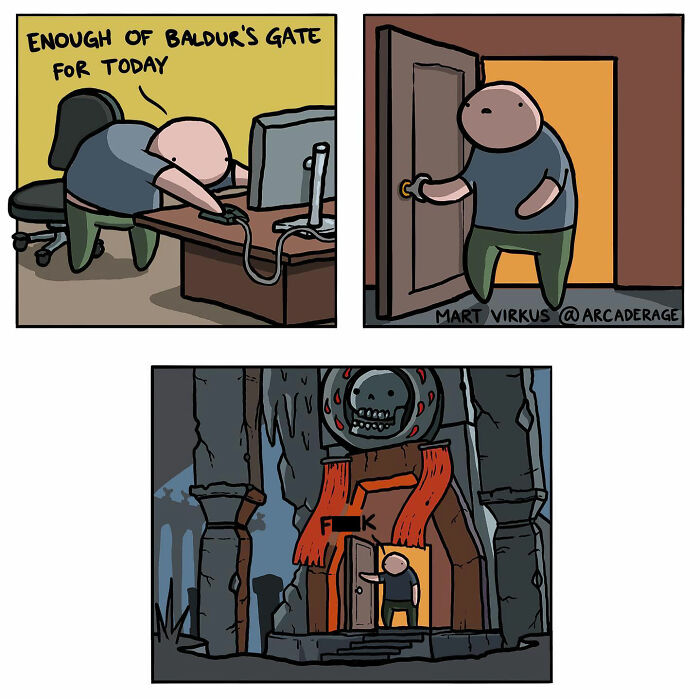 Comic strip from Arcade Rage showing a gamer overwhelmed and leaving a dark fantasy game setting humorously.