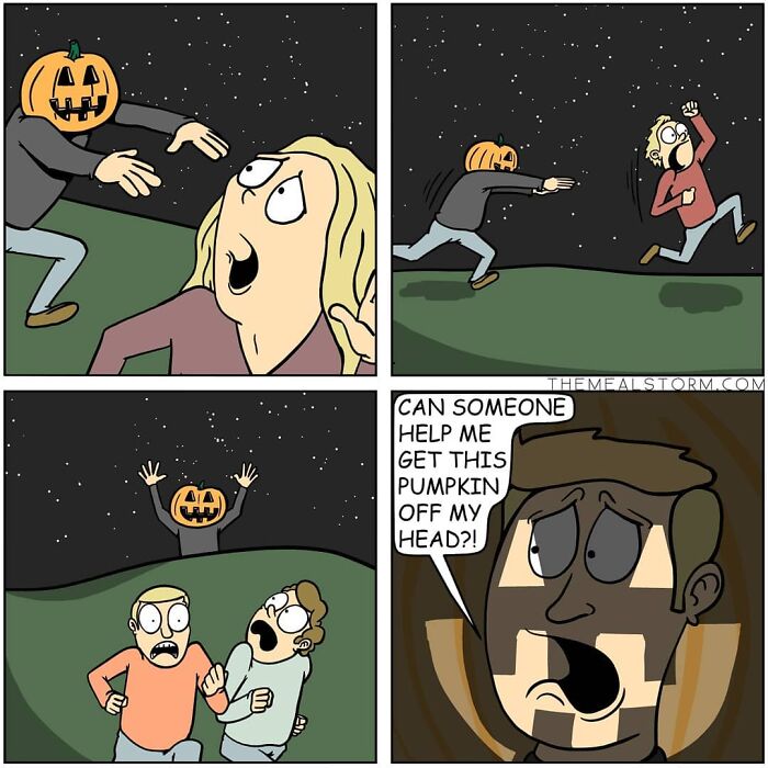 Four-panel comic showing a person chasing others with a pumpkin head, with dark humor and quirky comic style.