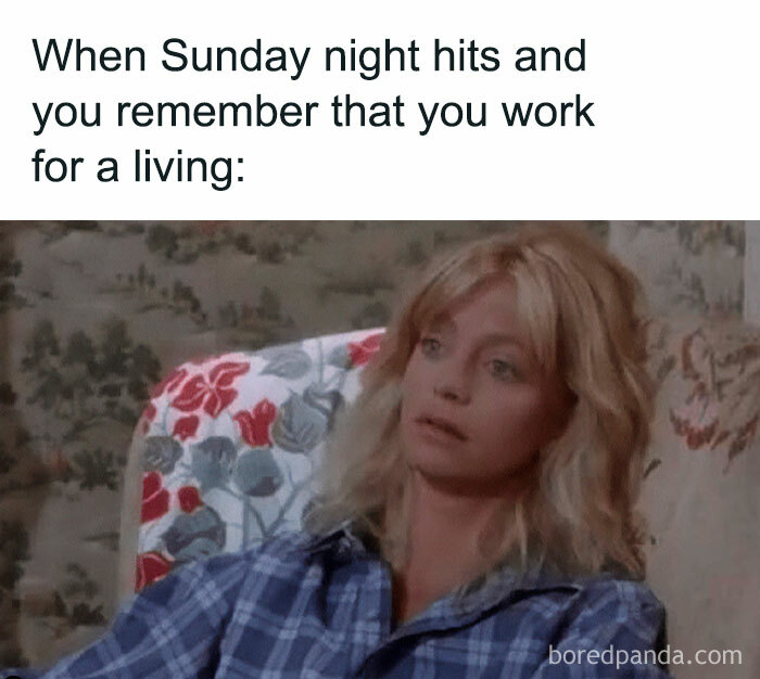 Woman in a plaid shirt looking tired, captioned about Sunday night work realization, conveying work memes humor.
