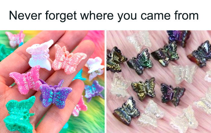 Butterfly hair clips from the 2000s in vibrant pastel colors, capturing nostalgia on a colorful background.