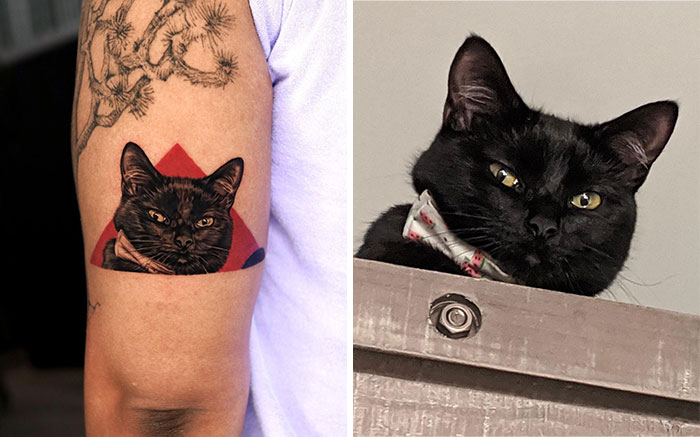 Realistic pet tattoo of a black cat on an arm next to a photo of the actual cat with a bow tie.
