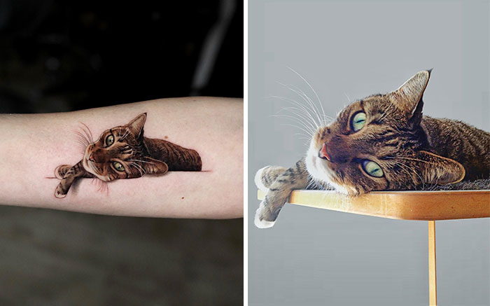 Realistic pet tattoo of a cat on an arm, showcasing intricate details and lifelike artistry.