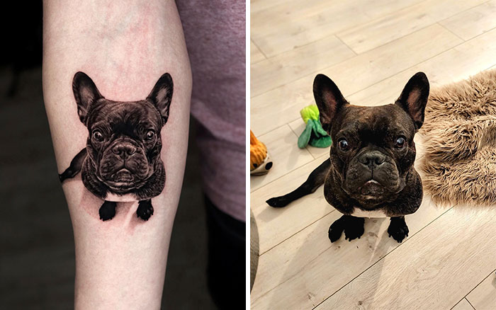 Realistic pet tattoo by Yeono featuring a French Bulldog on an arm, resembling the actual dog beside it.