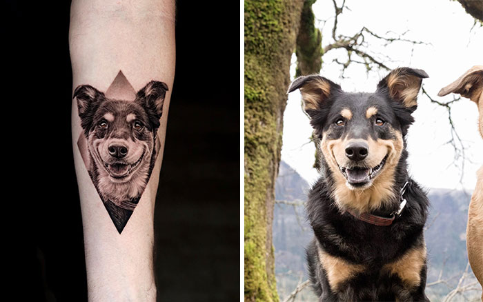 Realistic pet tattoo featuring a happy dog alongside its real-life counterpart.