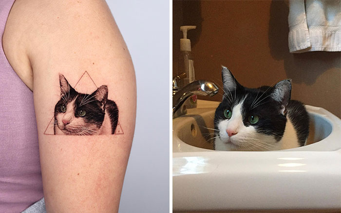 Realistic pet tattoo of a black and white cat, with a geometric design, beside a photo of the cat in a sink.