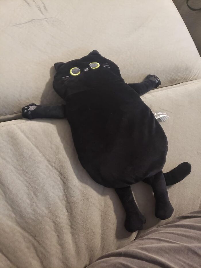 A plush black cat-shaped pillow on a beige sofa, perfect Galentine's Day gift idea.