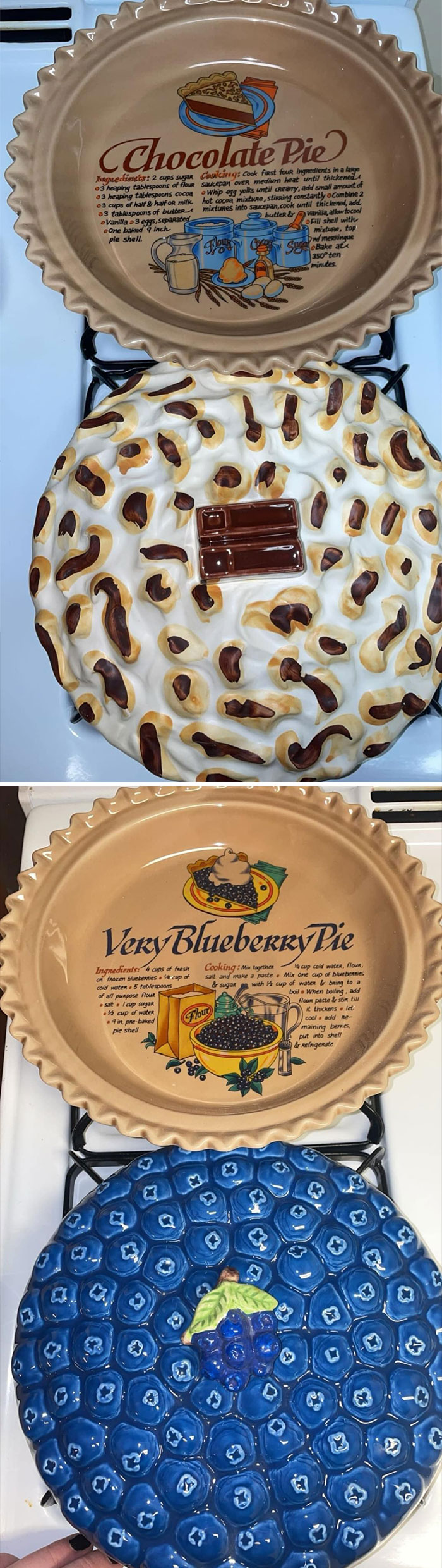 Vintage pie dishes with detailed recipe illustrations and matching decorative lids found at thrift stores and flea markets.