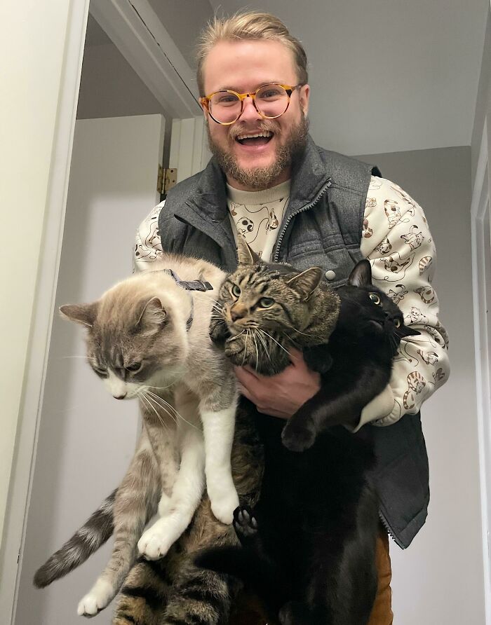 Man holding three adorable cats, showcasing the cutest cats in a heartwarming and joyful moment.