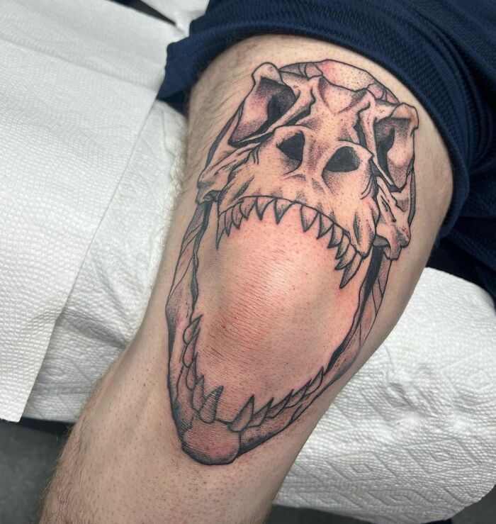 Dinosaur tattoo of a T-rex skull on a person's knee, showcasing cool and detailed artistry.