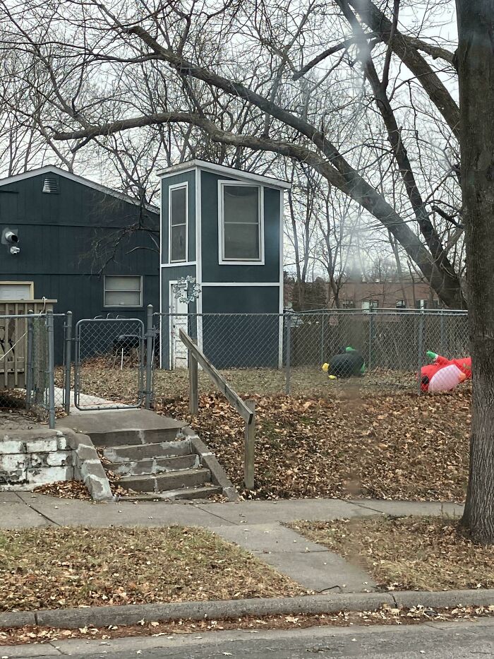 Unusual small two-story structure with large windows in a fenced yard surrounded by leafless trees in a residential area.