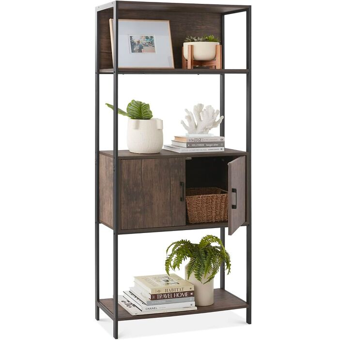 Brown bookshelf with doors