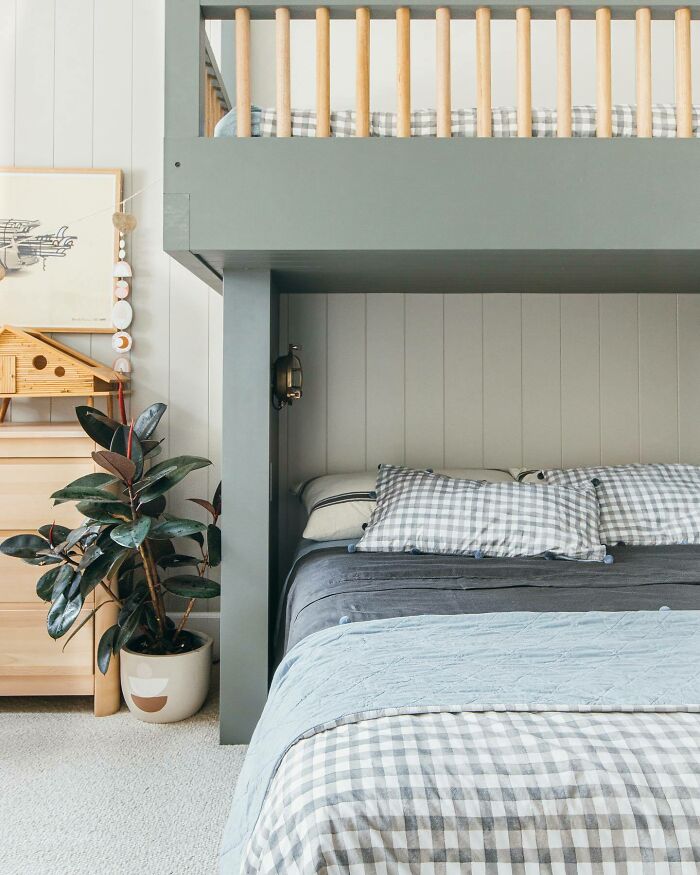 Bed with taupe blanket