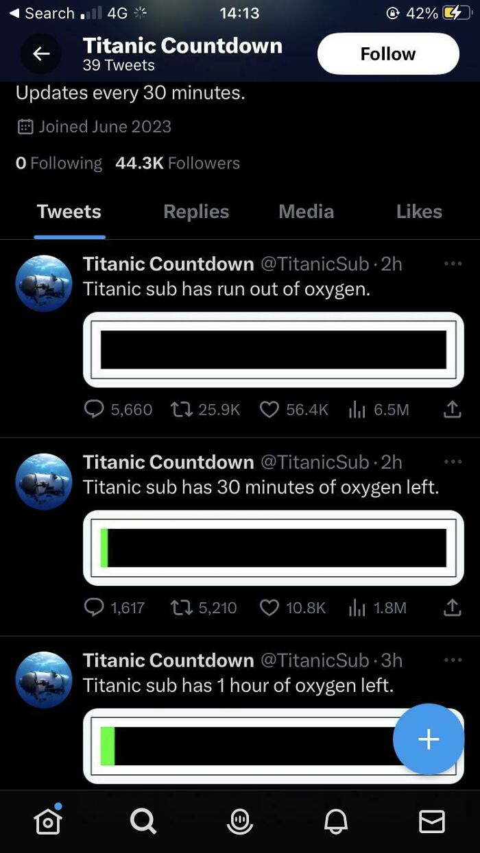 Twitter feed showing Titanic sub oxygen countdown with updates reflecting terrifying and disturbing images theme.