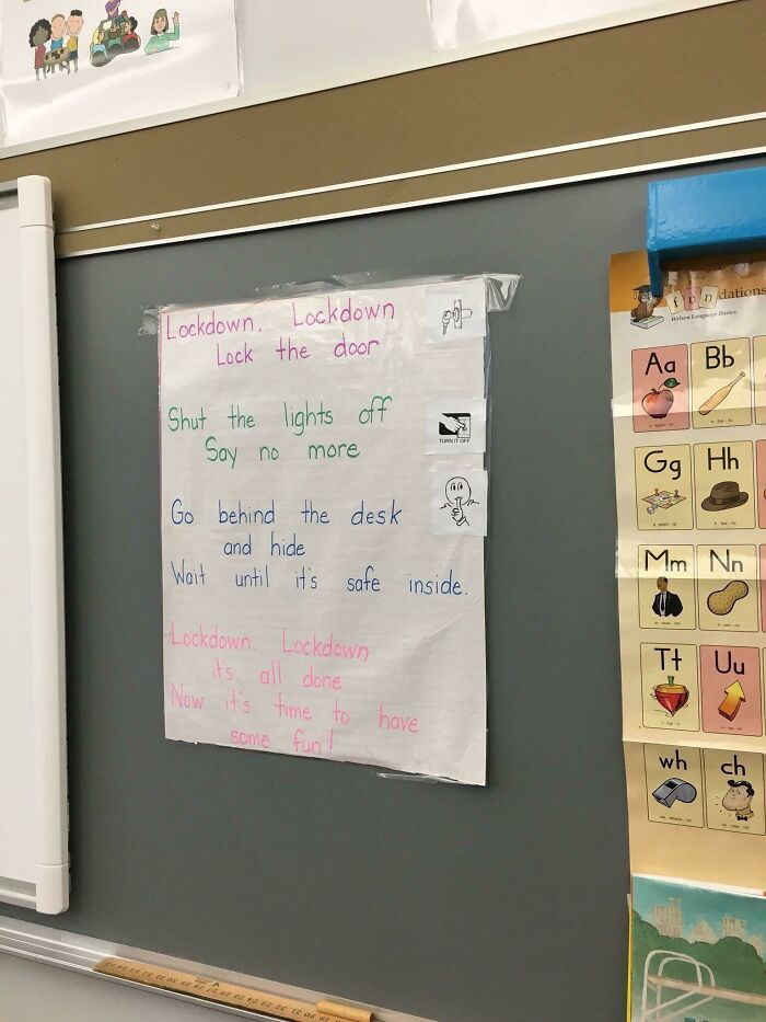 Classroom lockdown procedure poster with instructions to lock door, turn off lights, hide behind desk, and wait safely inside.