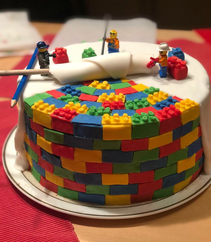 Homemade Raspberry Cream Cake Covered In Legos